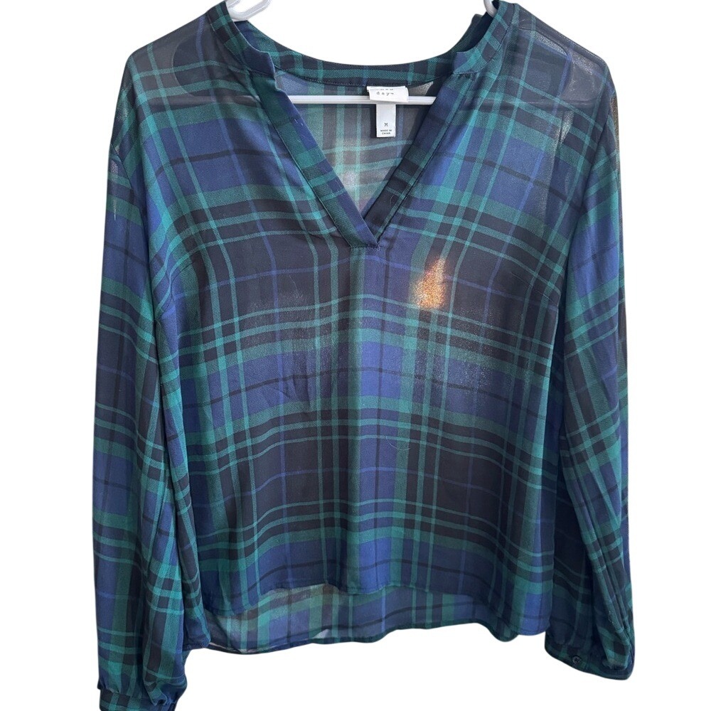 A New Day Plaid V Neck‎ Long Sleeve Sheer Blouse Women's Size M Blue Green